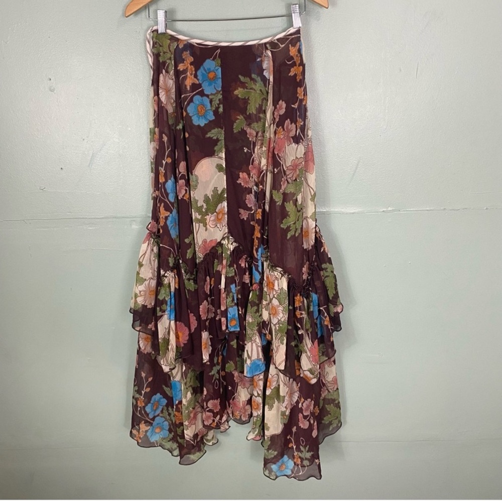 Free People Palermo Villa Chiffon Maxi Skirt‎ Ruffle Floral Size 0 - Picture 3 of 5